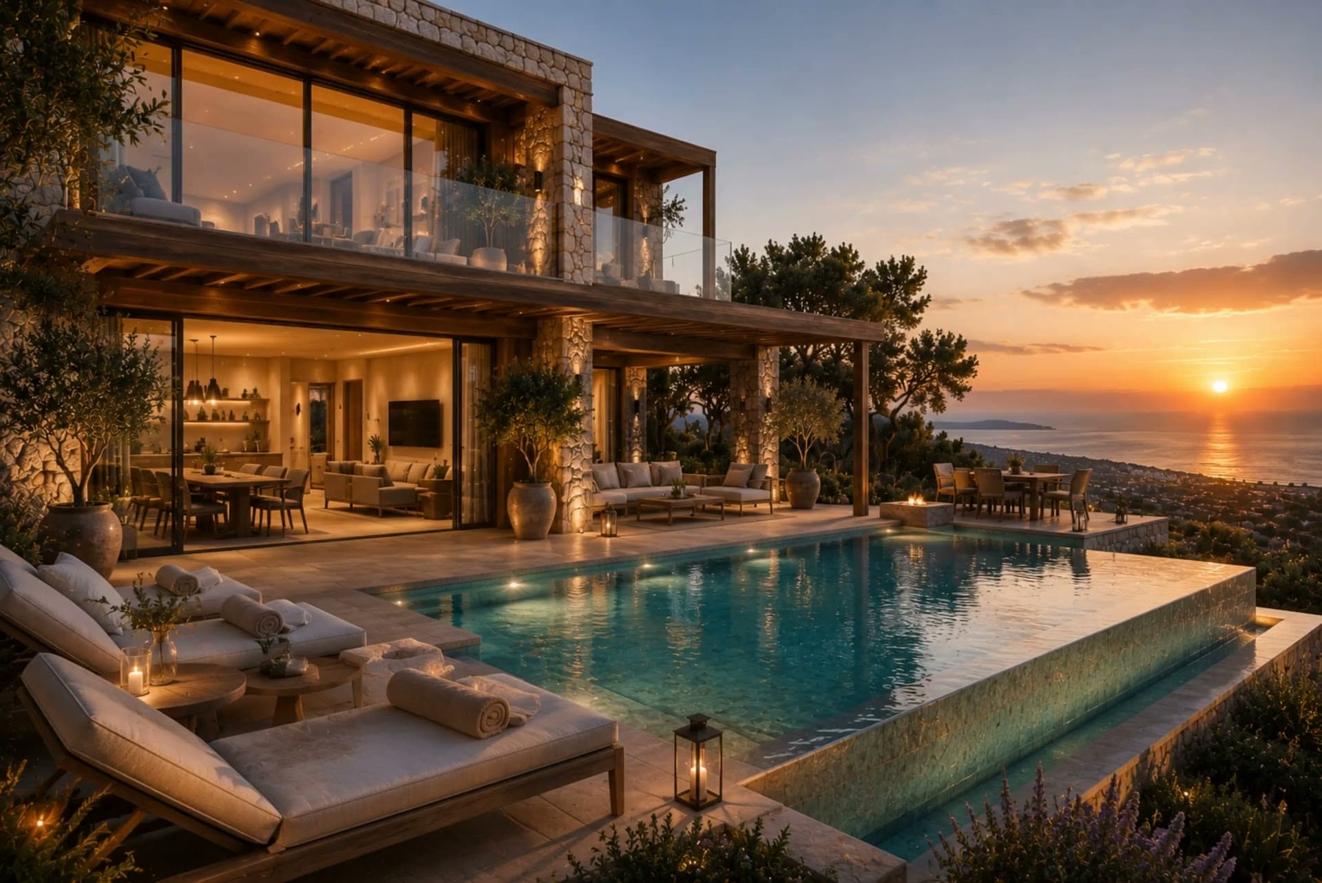 The infinity pool edge of the AURA estate with water flowing over the rim